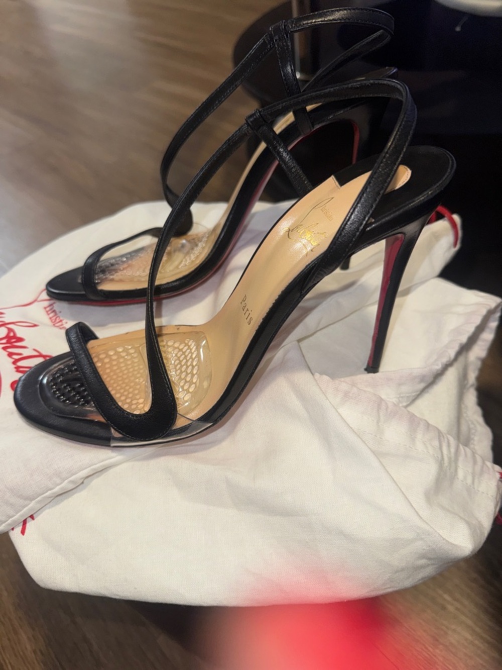 Christian Louboutin Black Patent Leather Strappy Stiletto Sandals with Red Sole